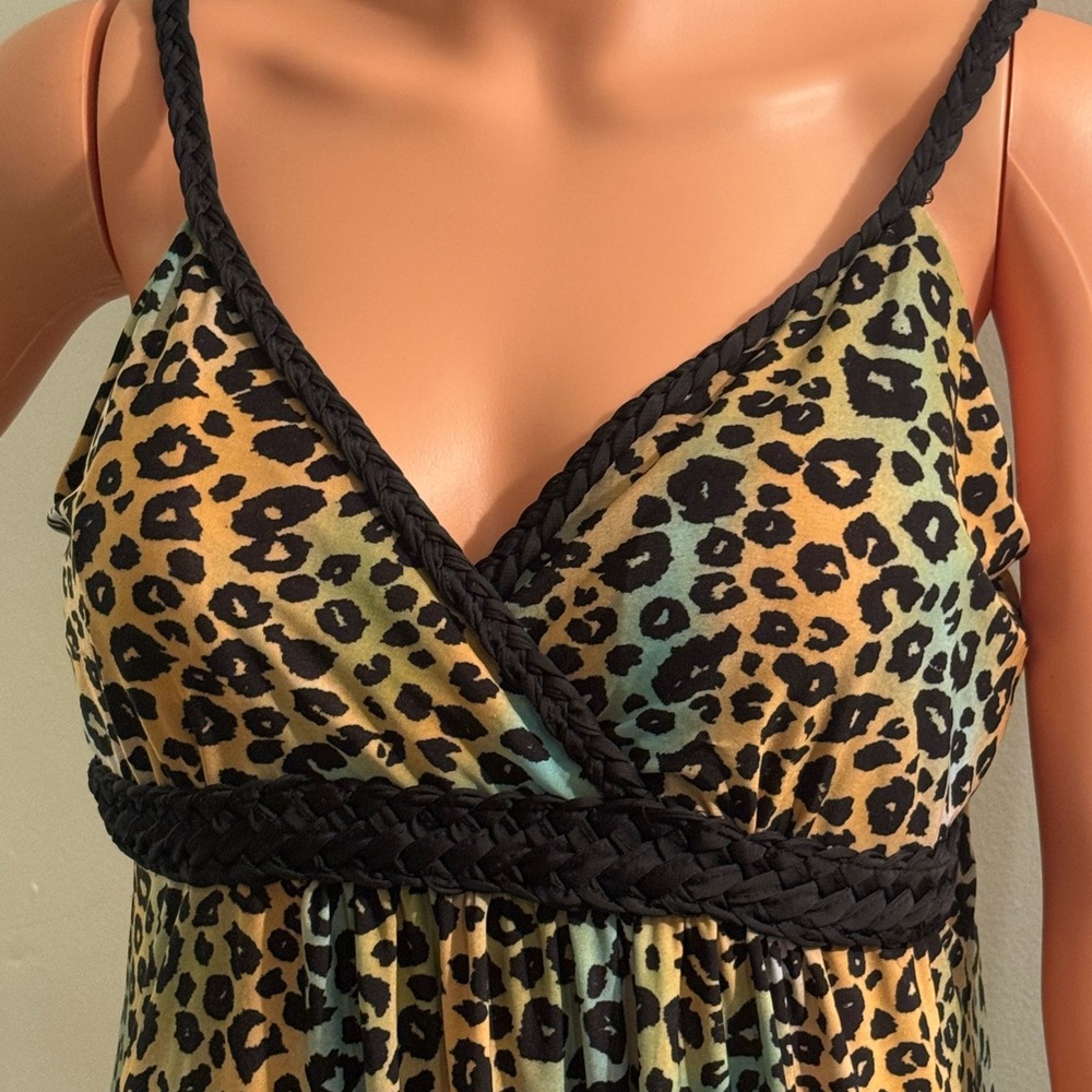 Leopard Print V-Neck Nightdress with Braided Trim - Black/Olive/Tan
